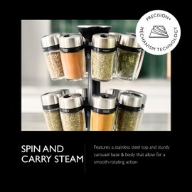 Cole & Mason 16 Herb & Spice Carousel - Rotating Spice Rack - Metal Two-Tier Organizer - Lazy Susan Style - Stainless Steel/Black, 10 inch