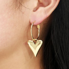 14K Gold Heart Drop Earrings For Women - Small Gold Heart Earrings Women Dangle Earings Hoop Drop Dangling Dangly Womens Earing Hoops Hearts Shaped Valentines Lightweight Aretes De Corazon Para Mujer