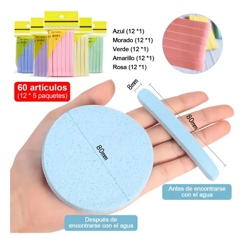 Pack de 60 Esponjas Faciales Comprimidas Para Limpieza y Desmaquillado