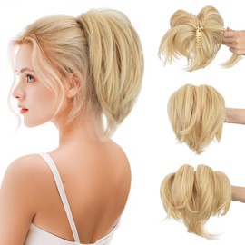 SEGOHAIR Claw Clip Short Ponytail Hair Extensions Messy Bun Hair Piece for Women with DIY Bendable Metals Straight Synthetic Fake Hairpieces #86H613 Light Blonde/Bleach Blonde