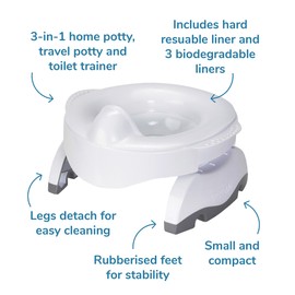 Potette Max 3-in-1 Travel Potty | Award-Winning Compact, Foldable Potty and Toilet Training Seat | Includes x3 Disposable Liners, A Reusable Liner & Carry Bag | White