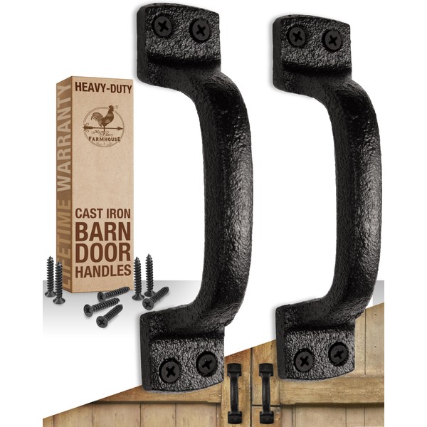 Rustic Barn Door Handles (2 Pack) Heavy Duty - Black Cast Iron Gate Handles - Shed Door or Garage Door Handles - Includes Hardware (6 1/4 inches, Indoor or Outdoor Farmhouse Decor)