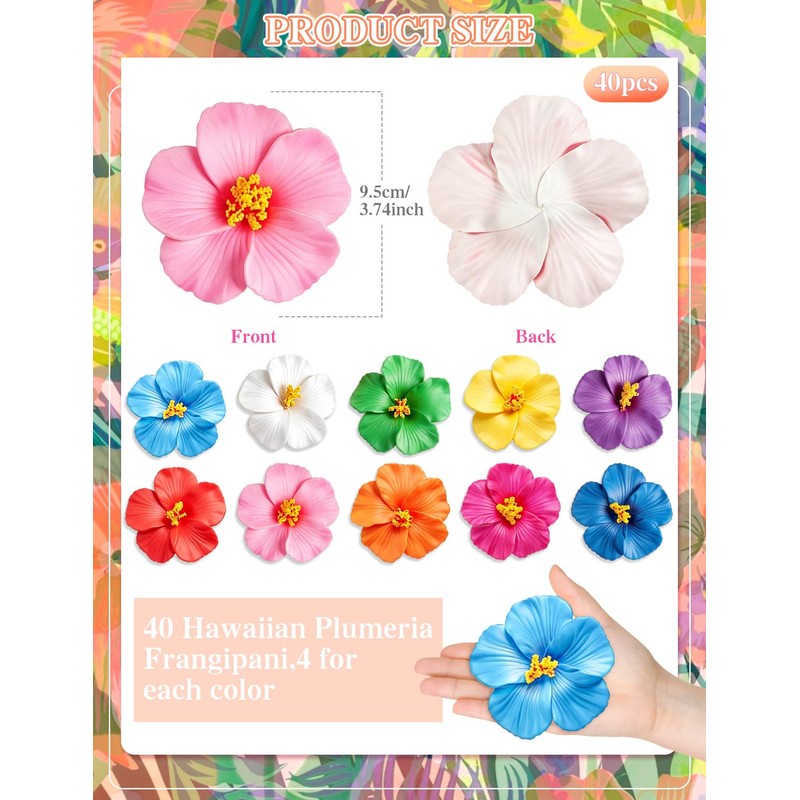 40 Pcs Hawaiian Artificial Tropical Hibiscus Flowers(10 Colors)