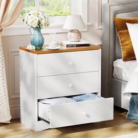 Memobarco Nightstand,Farmhouse Wood Night Stand with 3 Storage Drawers,Wooden Small Dresser Chest of Drawers Bedside Tables for Bedroom Small Spaces,White+Walnut