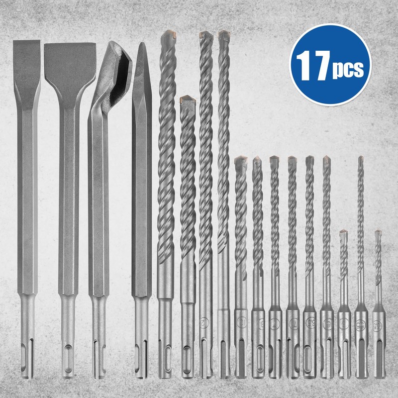 Syizyen 17pcs SDS Plus Concrete Masonry Drill Bits and Chisels