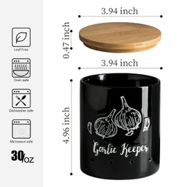LYEOBOH Garlic Keeper, Garlic Storage, Garlic Holder, Ceramic Garlic Container with Wood Lid, Farmhouse Garlic Keeper for Counter, Garlic Saver for Kitchen, Black