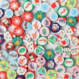 100 Pcs Christmas Themed Polymer Clay Beads for Jewelry Making Flat Round Clay Disc Beads Kit for Christmas DIY Bracelet Earring Necklace Gifts Crafts for Kids Adults(10mm)