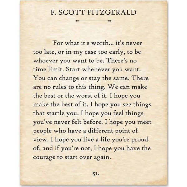 F Scott Fitzgerald Quotes Wall Art - For What It's Worth - F. Scott Fitzgerald Vintage Wall Art Decor - 11x14 - Library Decor, for Women and Men Office Decor, Book Pages - Great Gatsby Decorations