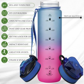 Vince+ Motivational Water Bottle with Time Marker – BPA/BPS-Free Tritan Bottle – Leak-Proof Design with Straw & Fast Flow Lids – Perfect for Gym, Outdoor Sports, and Fitness (Gradient blue/magenta)