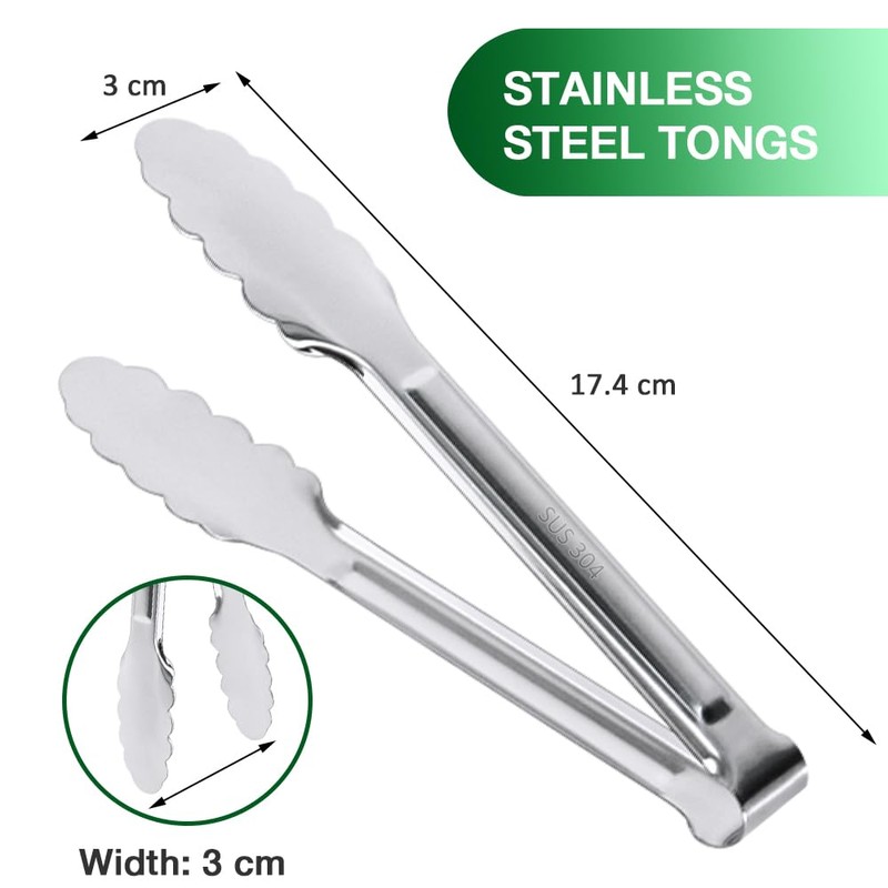 6.85 Inch Stainless Steel Serving Tongs, Metal Kitchen Tongs, Mini