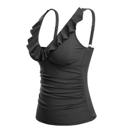 Black Women Ruffled Tankini Top Only - Tummy Control Swim Top V Neck Swimsuit Flounce Bathing Suit Top 2025 M