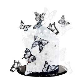 Ercadio Paquete de 36 decoraciones para tartas de mariposa, de PVC blanco y negro, decoraciones para tartas de mariposa, estilo mixto, para baby shower, cumpleaños, boda, fiesta, suministros de decoración de pasteles