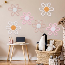 MOROBOR 6 Pcs Boho Daisy Flower Wall Decor, Nursery Wall Art Decor Flower Nursery Home Wall Decor Woven Macrame Wall Hanging Decor for Home Bedroom Decorations (Pink&White)