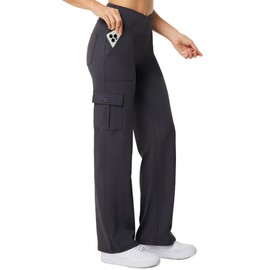 Casei Yoga Pants with Pockets for Women Wide Leg Cargo Pants High Waist Crossover Stretch Work Travel Casual Sweatpants,Dark Gray(M)