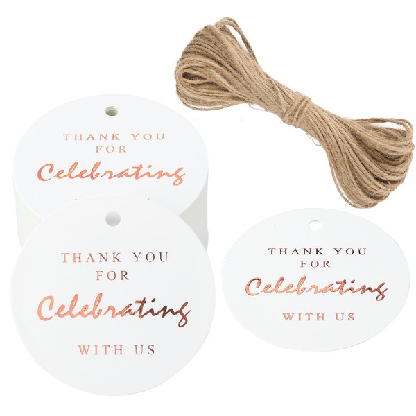 G2PLUS 50PCS Thank You for Celebrating with us Tags, Wedding Favor Tags with String, 5.5CM Rose Gold Thank You Tags for Baby Shower, Wedding Favor Party Decor