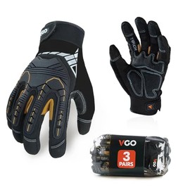 Vgo 3 Pares Guantes de Trabajo de Cuero Sintético de Alta Resistencia, Guantes Mecánicos contra Impactos, Alta Destreza, Reducción de Vibraciones, Pantalla Táctil (S/CH, Negro, SL8849)