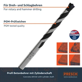 Presch Concrete Drill Bit Set 8 pcs - Masonry Drill Bit Set - Cylinder Shaft - Drill Bit Set for Concrete, Masonry, Bricks and Marble - Professional Masonry Drill Bits Ø 3-10mm