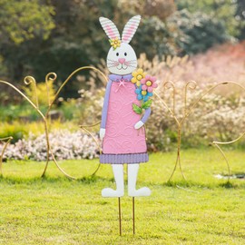 Glitzhome Easter Yard Signs Decorations Outdoor 36" H Metal Happy Easter Bunny Girl Yard Stakes Standing/Hanging Decors