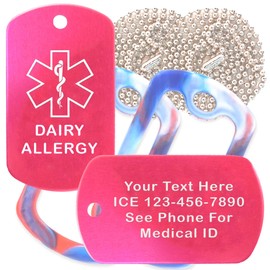 Custom 2 Pack - Dairy Allergy Medical Alert ID Necklaces with Pink Hot Custom Tags, Red/White/Blue Silencers, and 30'' USA Chains