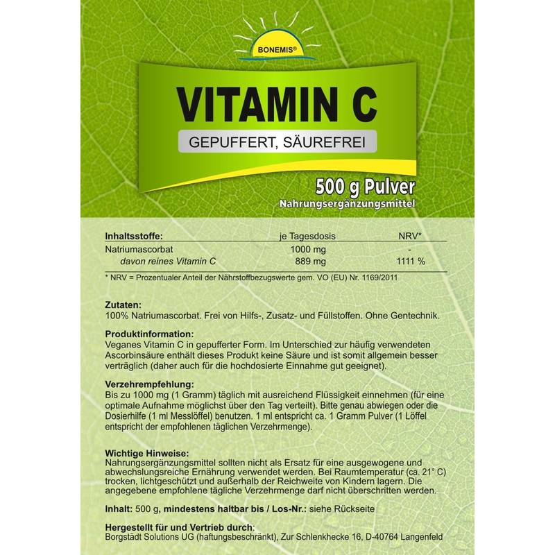 Vitamin C powder (buffered, acid-free), 1 kg (2 x 500