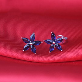 Sterling Silver Dark Blue Sapphire Colour CZ 7mm Flower 4mm Square Stud Earrings (Flower pair)