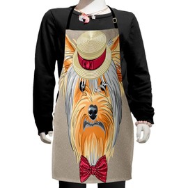 Ambesonne Yorkie Apron, Hipster Yorkie with Straw Boater and Bow Tie Hand Drawn Gentleman Dog, Small Apron Bib with Adjustable Ties for Baking Painting, Small Size, Apricot Multicolor