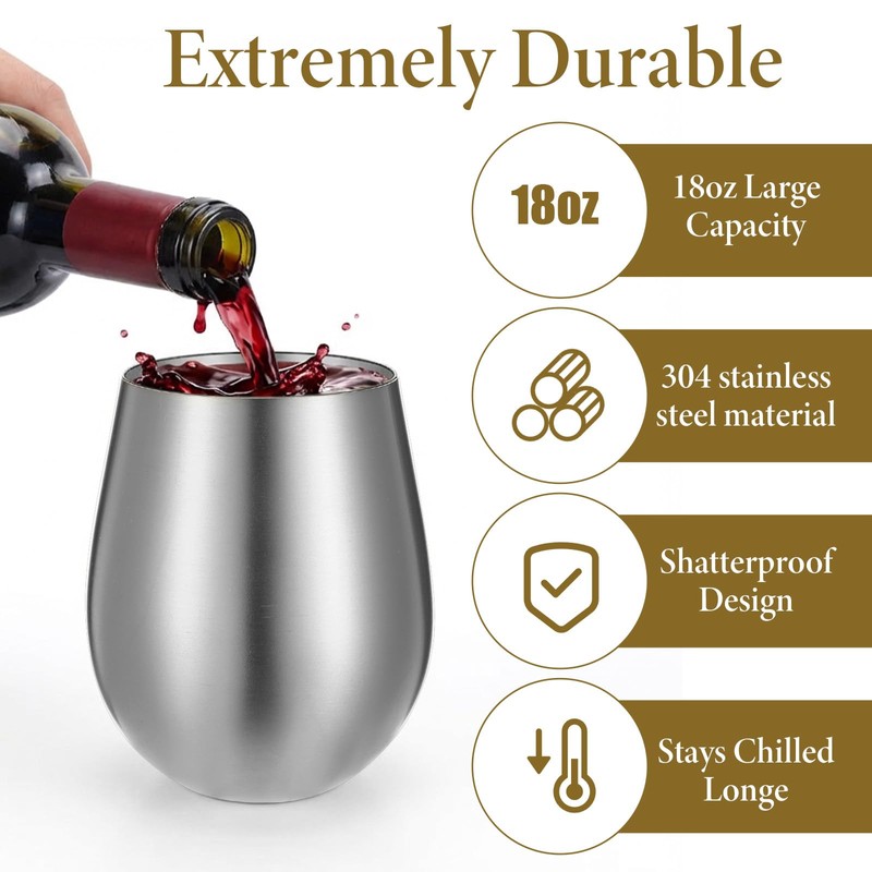Exclaith 4 Pack Silver Wine Glasses 18oz Stemless Wine Tumbler
