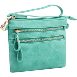 B BRENTANO Vegan Mini Multi-Zipper Crossbody Handbag Purse with Removable Wristlet & Adjustable Shoulder Strap (Mint Green NN)