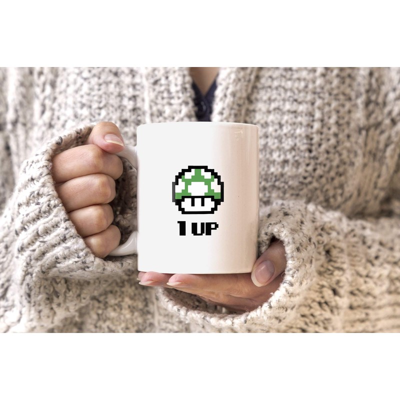MoonWorks Coffee Cup Birthday Retro Pixel Mushroom 1-Up Mushroom Level-Up