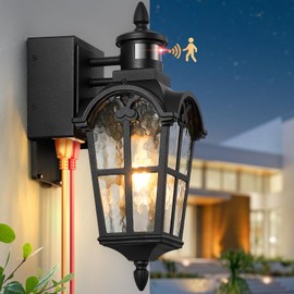 OPAXIS Motion Sensor Outdoor Lights with GFCI Outlet, Black Porch Light Outdoor with Outlet, Dusk to Dawn Outside Lights for House, 100% Aluminum Outside Light Fixtures Wall Mount for Garage Patio