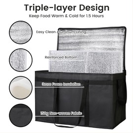 Bodaon 1-Pack Insulated Food Delivery Bag With Hard Bottom, XXXL Pizze Cooler Bags, Thermal Cold/Hot Styrofoam Carrier for Doordash/Travel/Shopping/Catering/Car, Dashers Door Dash Accessories