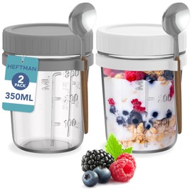 HEFTMAN Glass Overnight Oats Jars with Lids - 2 Pack 350ml Overnight Oats Jar with Spoons, Airtight Food-Safe Breakfast Pots with Lids & Scale Lines for Yogurt, Chia Pudding - 12oz, Reusable (2 PCS)