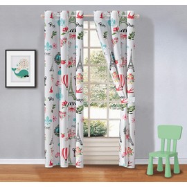 Kids Zone Home - Juego de cortinas de lino de 2 paneles con ojales para niños, niñas, adolescentes, recámara, juego multicolor de lámpara de araña de la torre Eiffel de París, rosas, flores, globo