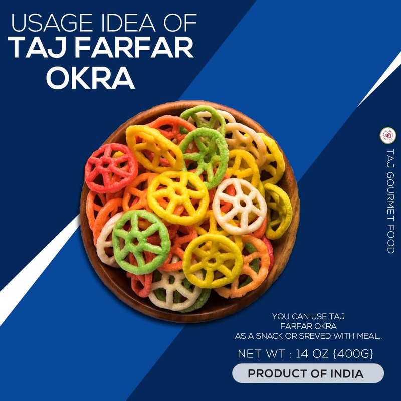 TAJ Gourmet Farfar Fryums (Wheat Pellet Tube), 400g (Okra)