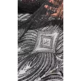 Mia Fabrics Beaded Line Fabric - Black - Luxury Bridal Line Pattern Beaded Fabric By Yard