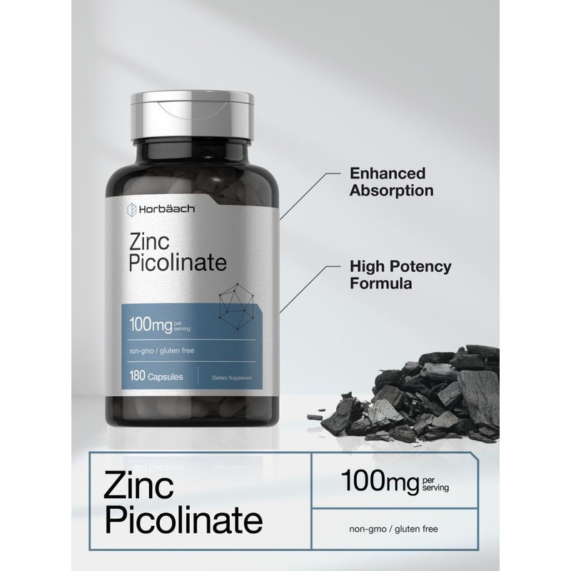 Horbäach Zinc Picolinate 100mg | 180 Capsules | High Potency,