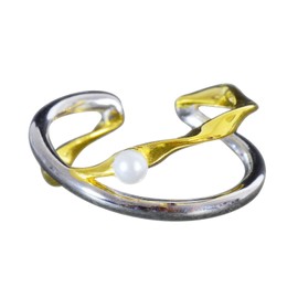 NicoWerk SRI758 Women's Silver Ring Asymmetric 925 Sterling Silver Golden Cross Double Row Pearl Two Tone Adjustable Open, Metal