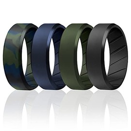 ROQ Silicone Rings, Breathable Silicone Rubber Wedding Ring Band for Men with Comfort-Fit Design, 8mm Beveled Edge, 4 Pack, Silicone Wedding Ring - Olive Blue Camo, Black, Blue, Green Colors - Size 11