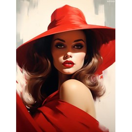 KAYEIUU Woman in A Red Dress Hat 5D Diamond Art Painting for Adults Full Drill Round Diamond Paint by Number Kits for Beginners Gems Cross Stitch for Wall Decor 12x16in