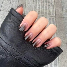 MERVF Square Press on Nails Short Fake Nail Black Ombre French Tip Acrylic Glue ons Gothic Squoval DIY Supplies Manicure 24pcs Glossy