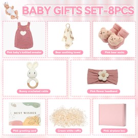 Baby Gift Set for Newborn Baby Shower Gifts Basket Pink New Born Essentials with Knitted Sweater Infant Rattle Toy Socks Bear Blanket Flower Headband Greeting Box for Babies Girls Gender Reveal Party