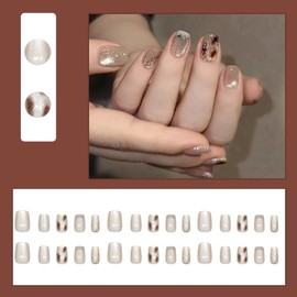 Nail Tip, Short, 24 Pieces, Popular, Japanese Style False False Nails, Magnet, Cat Eye Stone, Cute, Simple, Glossy, Glitter, Nail Seal, Bride Nail, Fake Nail, Nail Tip, Short, Stylish, Coming of Age