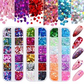 Kalolary 3 Boxes Heart Nail Art Sequins, Valentine's Holographic Heart nail glitter, Colorful Lip Shape Flower Nail Sequin, Nail Glitter Sequins for Valentine's Day Nail Decorations Designs Manicure-E