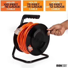 IRON FORGE CABLE Extension Cord Storage Reel with Metal Stand, Black - Portable Cable Reel That Holds Up to 100 Ft of Extension Cords, Hose, or Rope