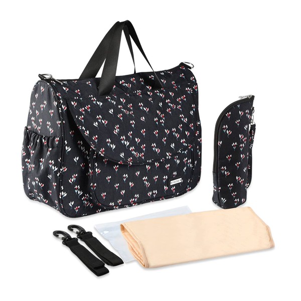 SONARIN Multifunctional Baby Changing Bag, Waterproof Travel Changing Bag, Shoulder Bag, Handbag, Baby Bag with Changing Mat & Bottle Bag & Pram Hook (Black)