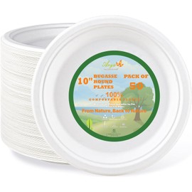 Arya PACKAGING 10 INCH (Pack of 50),100% Compostable Heavy-Duty Eco-Friendly Disposable Bagasse Plates, Made of Natural Sugarcane Fibers Biodegradable Paper Plates