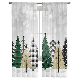 Christmas Tree Sheer Curtains 84 Inches Long Grey Voile Curtains Checkered Plaid Xmas Tree Snowflake Rod Pocket Semi Sheer Window Curtain for Living Room Bedroom Home Kitchen Yard Decor 2 Panels