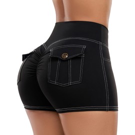 SEASUM - Pantalones cortos para mujer, con bolsillos, levantamiento de glúteos, cargo para gimnasio, yoga, entrenamiento, Negro -, Small