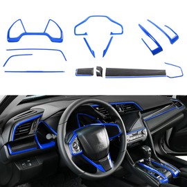 YINGTUU for Honda Civic Accessories 10th 2016-2021 Car Interiors Cover Instrument Panel Decorative Center Console Moulding Trim Air Outlet Automotive Steering Wheel 15Pcs Blue
