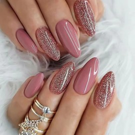 ANDGING Pink Press on Nails Almond Short Medium Glue on Nails for Women Oval Fake Nails with Glitter Gold Designs Artificial Acrylic Stick on Nails Gel Full Cover Manicure False Nails for Wedding
